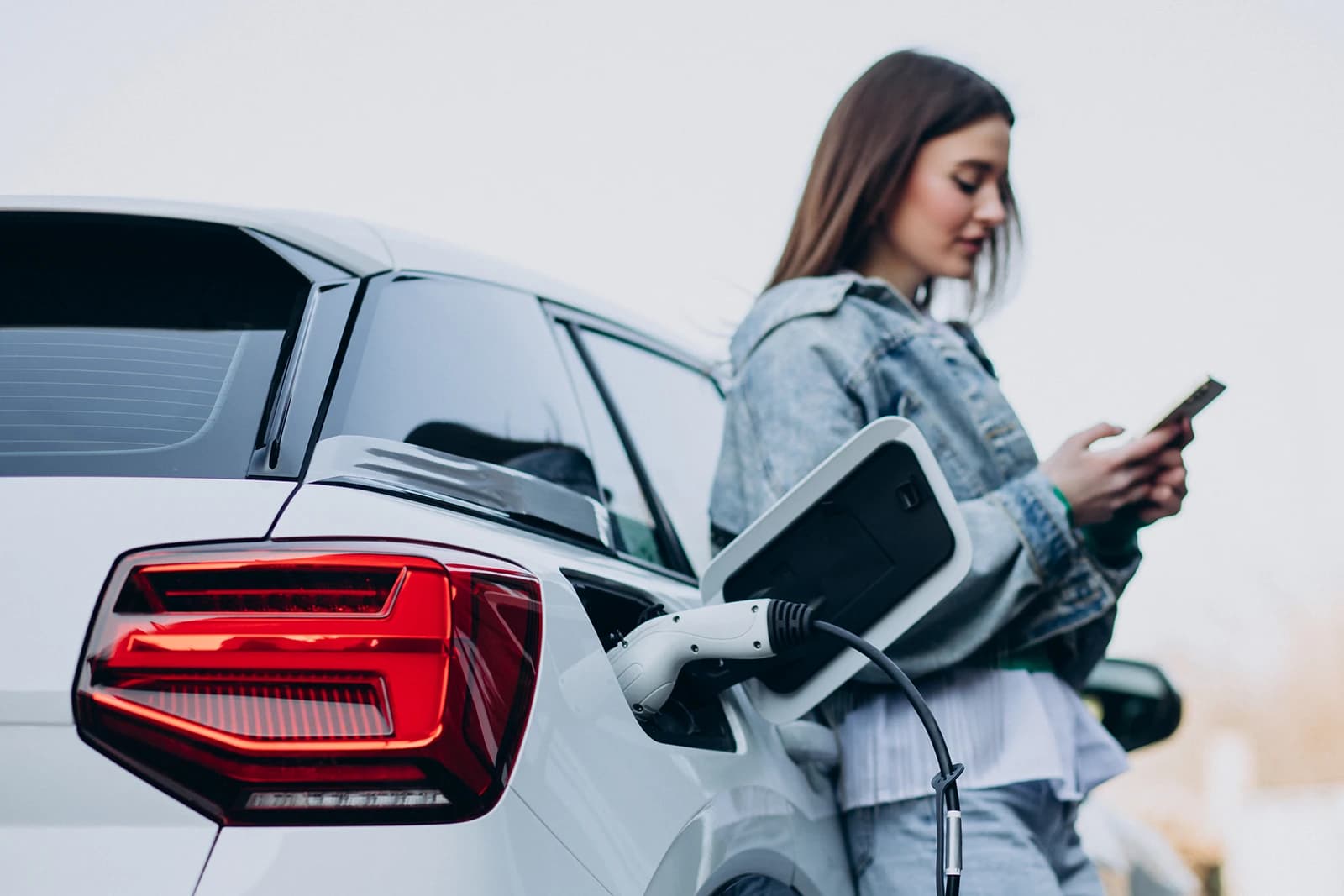 Woman charging her electric car
